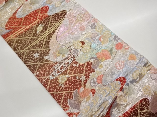 JAPANESE KIMONO / FUKURO OBI / WOVEN MANDARIN DUCK  & WEEPING SAKURA